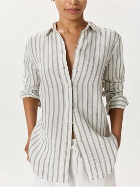 Quince White and Dark Blue/Gray Striped Button-Down Shirt/Dress or swim cover up
